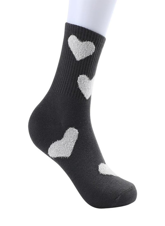 QFSH 2Pcs Cute Grey Black Mid Calf Heart Patterned Athletic Socks for Men Women - Image 4